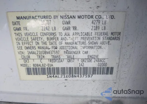 2008 Nissan Altima 2.5 S z USA, uszkodzony, nr VIN 1N4AL21E08N437597